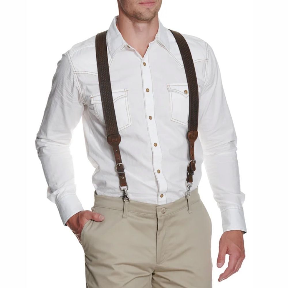 Nocona suspenders leather basketweave Tooled western N8512402 brown Silver XL